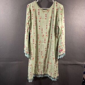 Women Mini dress Medium Green Boho Embroidered Tassel Fringe festival‎ Hippy